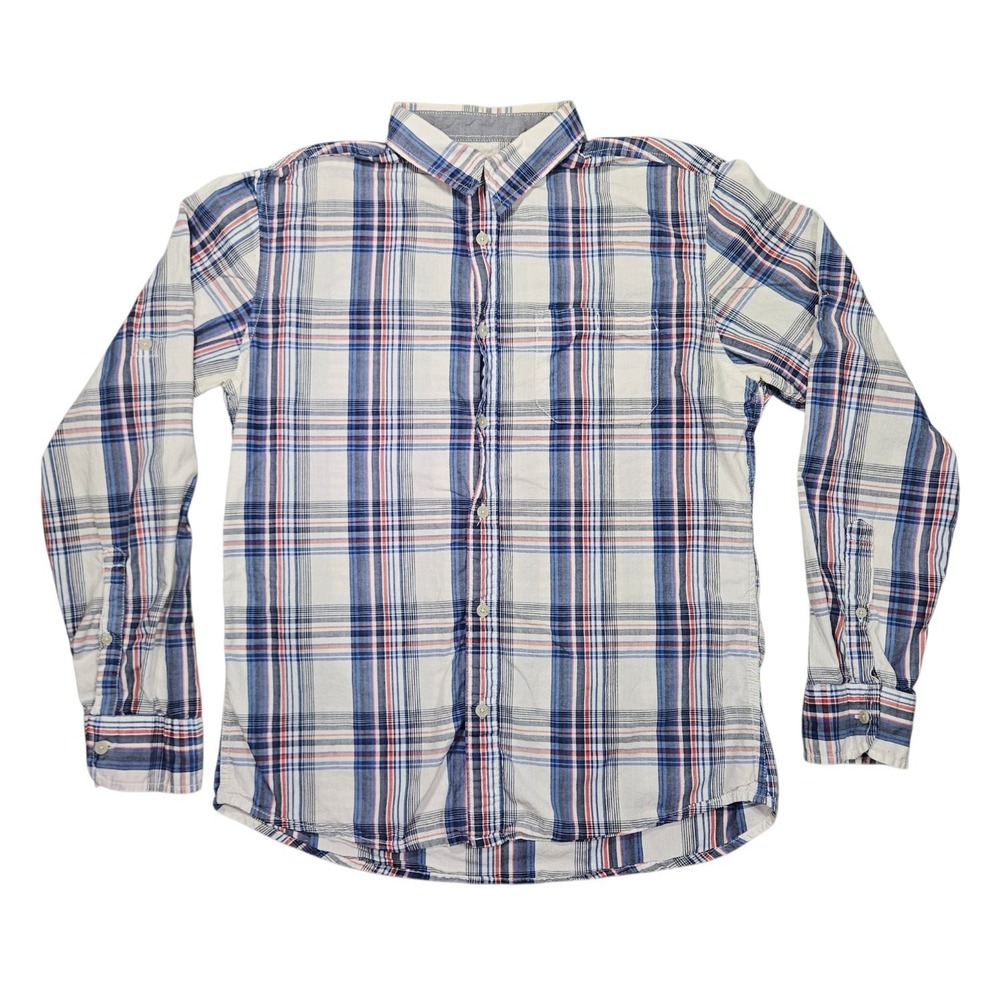 Urban Pipeline Mens Medium Blue Red White Plaid Button Long Sleeve Shirt Roll